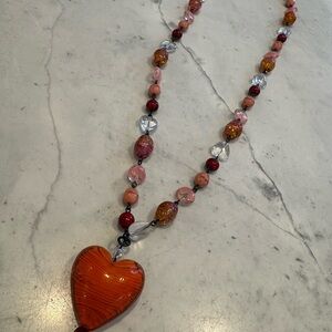 Valentine’s Day Gift Orange Lampwork Glass Heart Pendant Necklace. 24”
